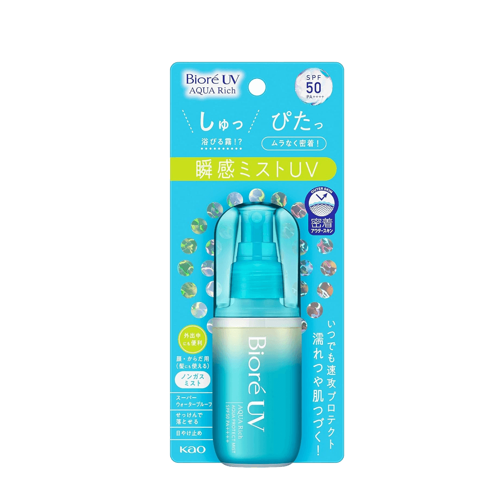 Biore UV Aqua Rich Sunscreen Protect Mist SPF50+ 60ml fine mist sunscreen spray with lightweight feel and strong UV protection for easy reapplication