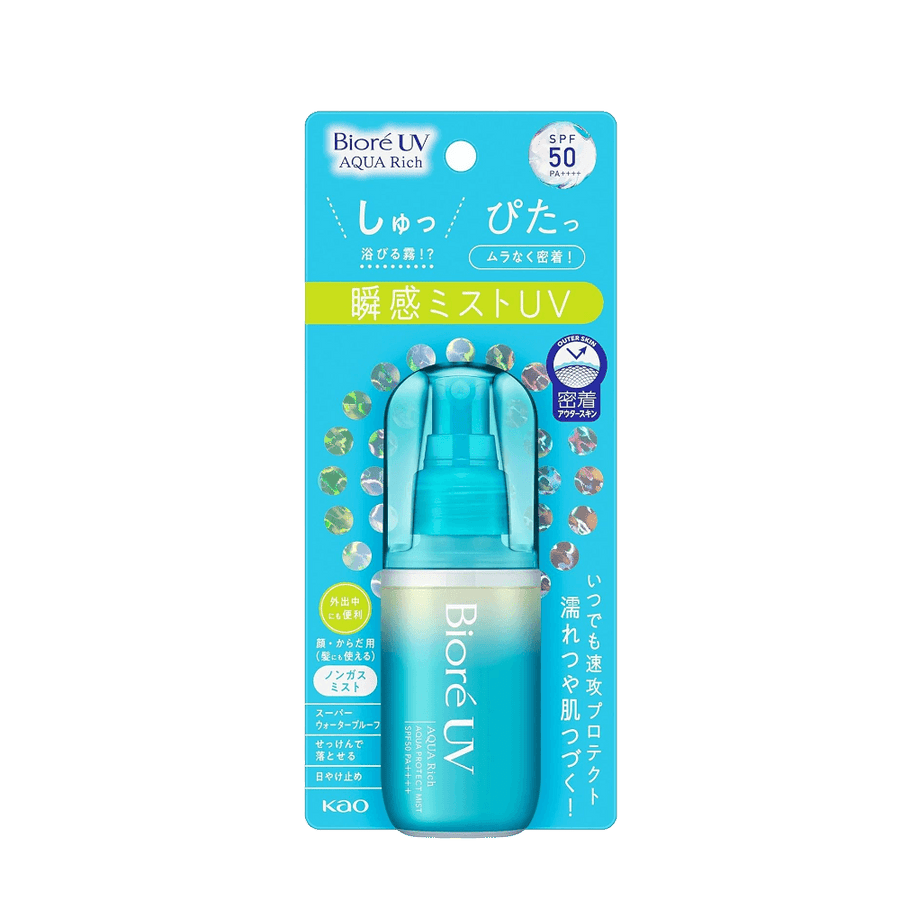 Biore UV Aqua Rich Sunscreen Protect Mist SPF50+ 60ml fine mist sunscreen spray with lightweight feel and strong UV protection for easy reapplication