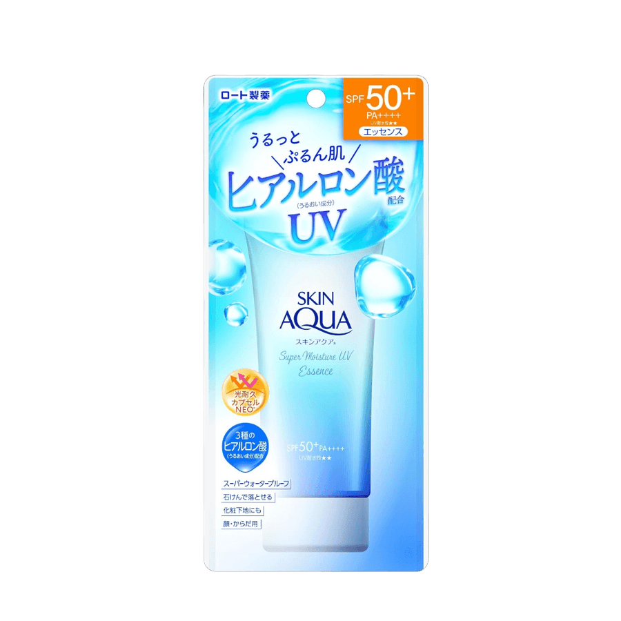 Skin Aqua Sunscreen Super Moisture UV Essence SPF50+ 80g hydrating lightweight sunscreen with strong UV protection and moisture essence formula