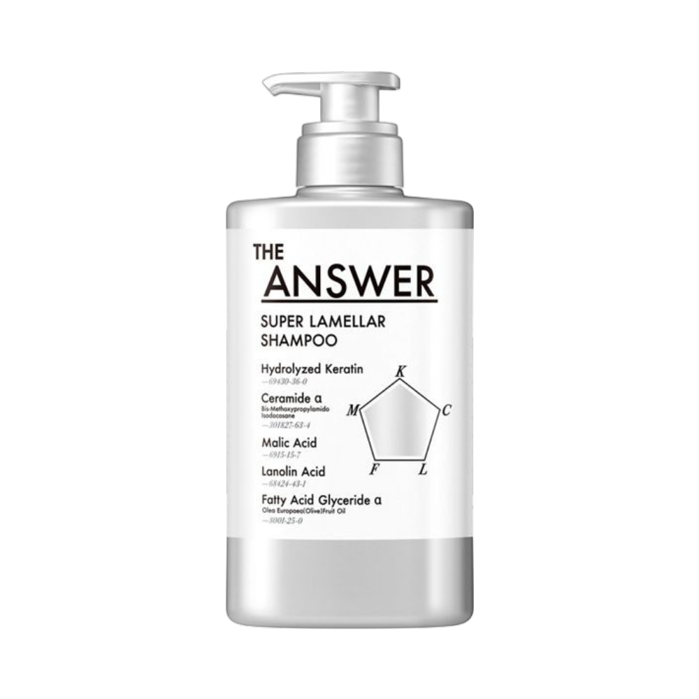 The Answer Super Lamellar Shampoo repairing damaged hair and boosting moisture for a smooth bright glow, 400ml pump